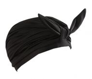Female Beautiful Bowknot Waterproof PU Tab Lace Swimming Cap Free Size (Black)